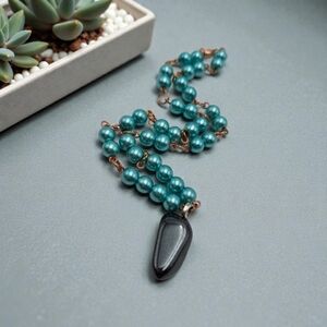 Handmade Elegant Blue pearl Beaded Necklace with hematite pendant